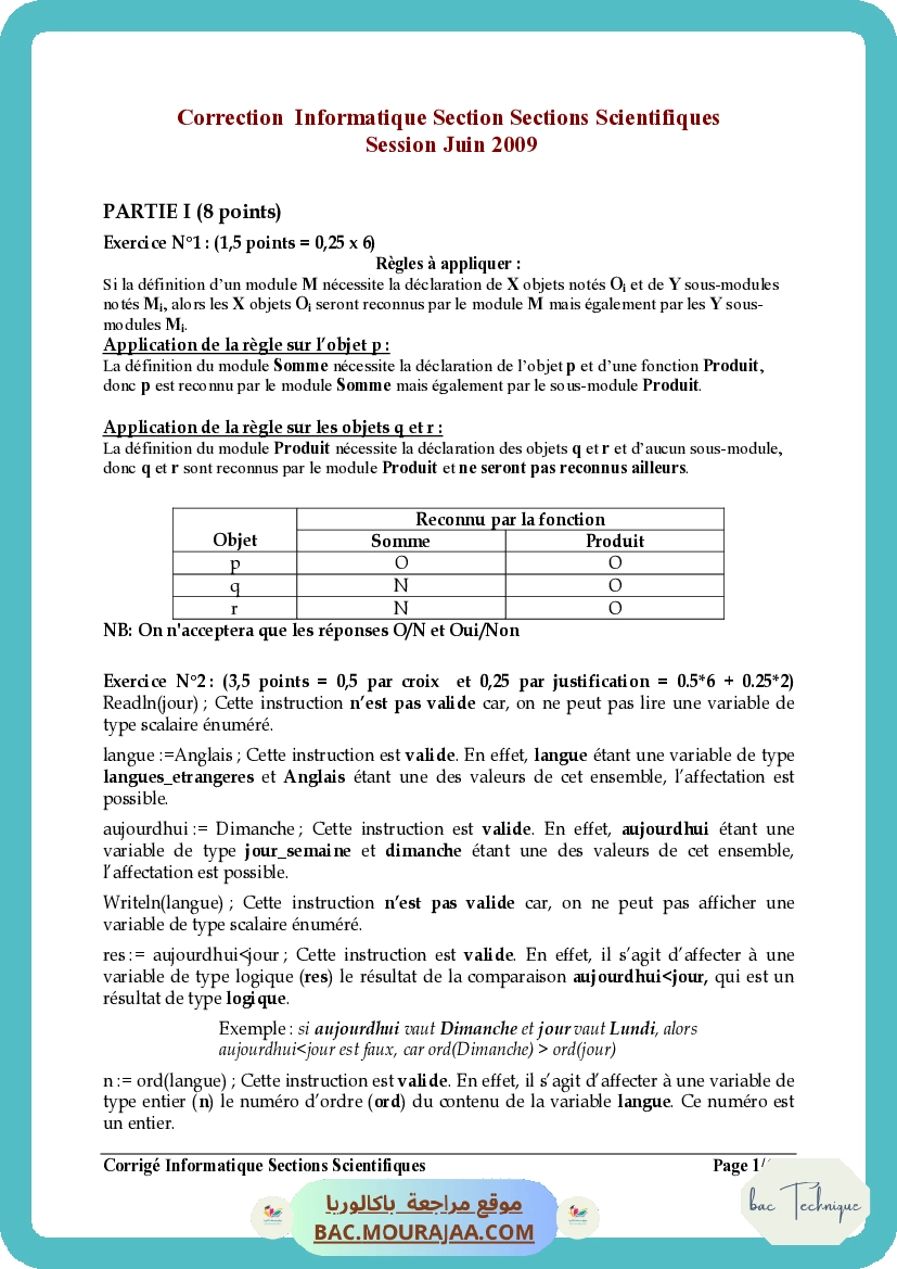 Corrigé principale info Bac 2009 – Section technique